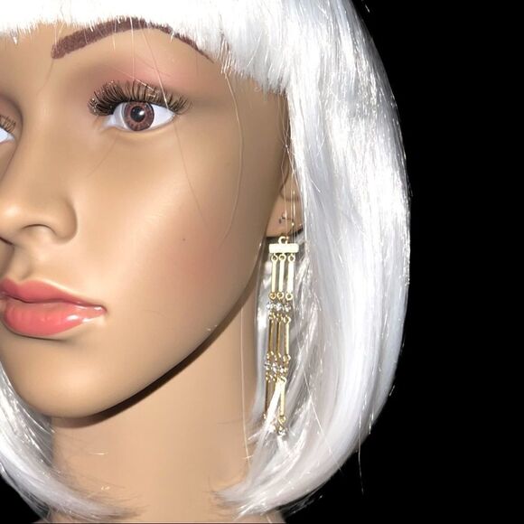 Nwot! Pretty gold 3 strand dangling earrings with rhinestone design ( costume) - Picture 5 of 7